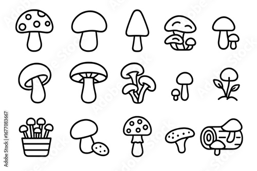 Mushroom line icon set. Fungi and toadstool outline symbols for web and graphic design. Vector collection of forest food, amanita, and agaric icons. Simple nature illustration.
