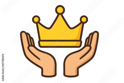 Hands holding a crown, a symbol of royalty, success, and leadership. Conceptual vector icon for premium quality, responsibility, power, and receiving a prize or honor.