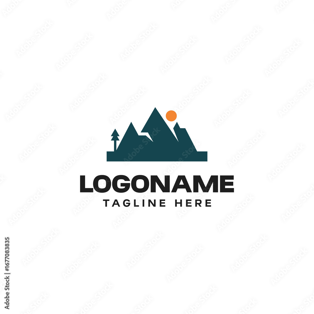 Obraz premium Mountain Tree Sun Logo Design Nature Outdoor Adventure Branding Element