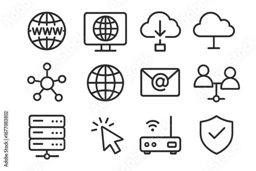 Internet technology line icon set. Web communication outline icons. Globe, cloud, server, network, security, email, wifi signs for UI UX design, app and website graphic.