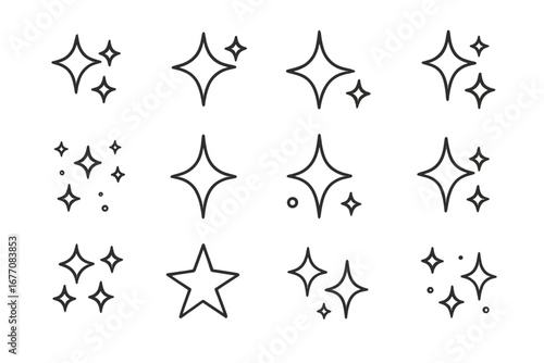 Sparkles and Stars Icon Set, Editable Stroke Vector Illustrations for Web, Books, Cards, and Apps, Transparent Background, Cartoon Style Decorative Elements for Design