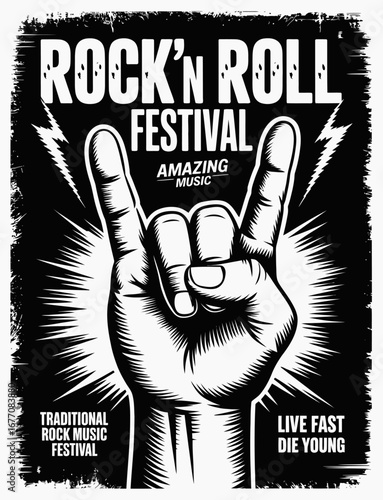An iconic hand gesture set inside a bold vintage design captures the lively spirit and energy of a rock’n roll festival, inviting music lovers to join the adventure.