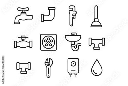 Plumbing outline icon collection with editable stroke, perfect for infographics, articles, books, flyers, banners, vector cartoon illustration with transparent background