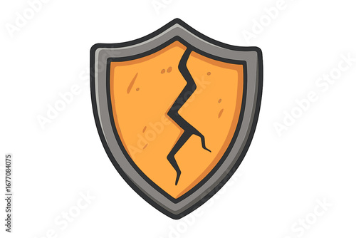 Cracked shield vector icon. Concept of vulnerability, data breach, or failed security. Broken protection symbol. Metaphor for risk, danger, and weak defense. Cartoon style.