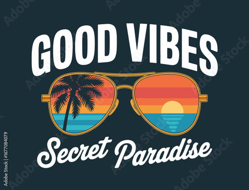 This colorful graphic combines sunglasses reflecting a sunset with palm trees, exemplifying the good vibes that beach culture and summer adventures bring to life.