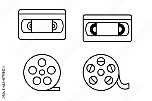 Video tape and film reel outline line icon set for graphic design, web, apps, advertising, media projects, and multimedia cards, detailed transparent vector illustration collection