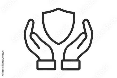 Hands holding a shield icon. Protection, security, safety concept. Insurance and guarantee symbol. Defense and reliability logo. Vector outline illustration for web design.
