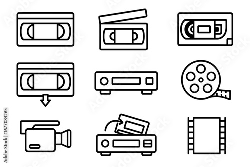 Video tape line icon set. VHS cassette, VCR player, camcorder, film reel outline signs. Retro 80s 90s technology for web design, apps, ads. Old movie, cinema vector icons.