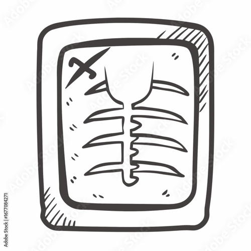 Minimilist illustration of a stylized x ray image with a skeletal structure inside a rectangular frame design vector