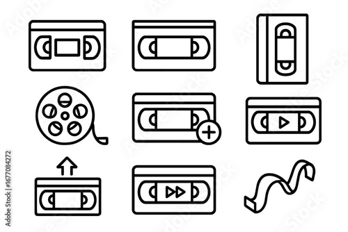 Video tape line icon set. VHS cassette, film reel and movie symbols. Retro 80s 90s nostalgia concept. Media player interface signs for web and apps. Vector pictogram.