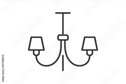 Chandelier icon vector line art illustration. Minimalistic ceiling lamp symbol for graphic design. Home decor, interior lighting equipment. Outline drawing of a classic light fixture.