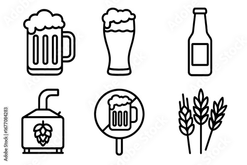 Beer Vector Icons Set with Mug, Pint Glass, Bottle, Brewing Kettle, No Alcohol Sign, and Barley Plant Illustration, Editable Stroke, Cartoon Style for Beverage Designs