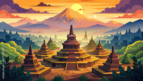 The Borobudur Temple in Indonesia rises like a stone mandala, with tiered terraces and stupas circling upwards, offering panoramic sunrise views across misty volcanic landscapes.