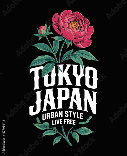 A vibrant peony floral illustration with urban style elements, representing the beauty and richness of Tokyo's botanical culture in a striking artistic format.