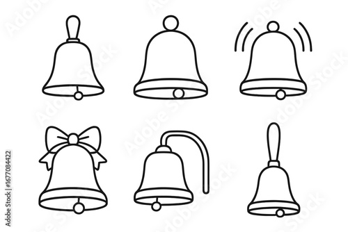 Ring Bell Outline Icon Collection, Editable Stroke Vector Set with Cartoon Style, Perfect for Infographics, Articles, Books, Flyers, and Banners, Transparent Background