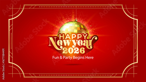 Foto Happy New Year 2026 golden logo art deco style concept with fun, party and celebration background