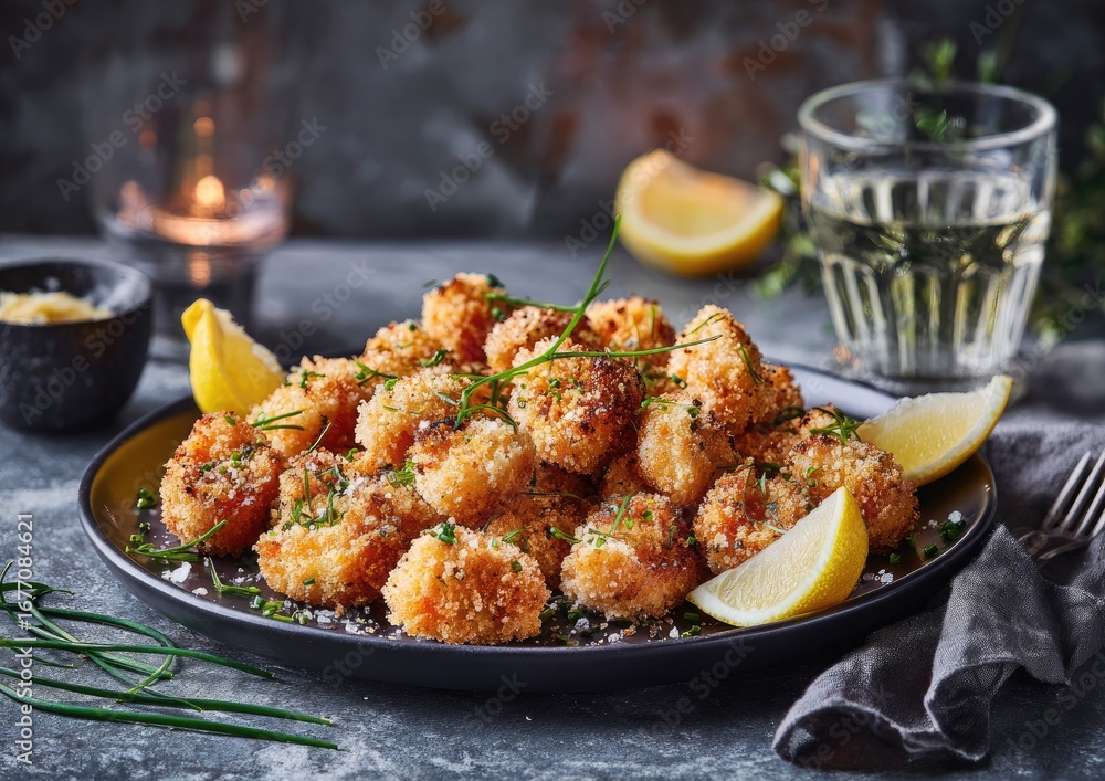 Fototapeta premium Crispy, golden-brown shrimp bites, piled high on a dark plate, garnished with fresh herbs and lemon slices. A glass of white wine and a small bowl of butter are visible in the background