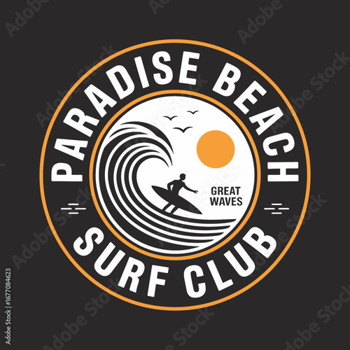 This logo design features waves, a surfer, and the sun, embodying the essence of a surf club, perfect for beach lovers and surf enthusiasts alike.