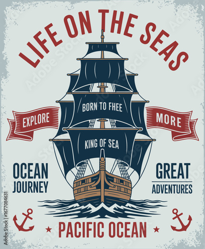This nautical-themed illustration showcases a majestic ship on the Pacific Ocean, symbolizing adventure, exploration, and the thrill of life at sea in classic style.
