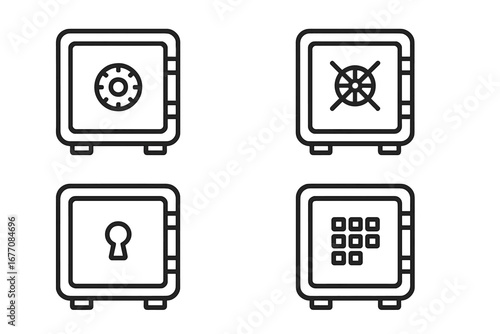 Safe deposit box outline collection, editable stroke vector icons for security, finance, banking infographics, articles, books, banners, flyers with transparent background, cartoon style