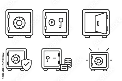 Safe Deposit Box Outline Icon Collection with Editable Stroke, Secure Vault Symbols, Open and Closed Safe Illustration for Infographics, Articles, Flyers, Banners, Vector Cartoon Design