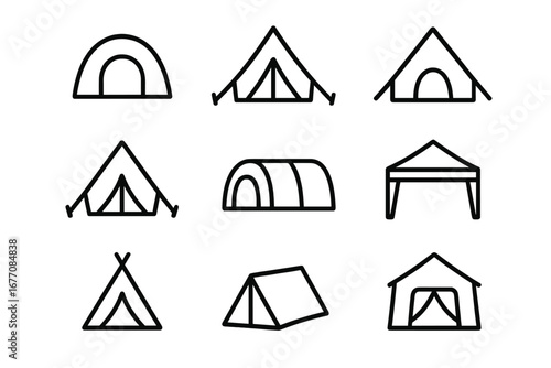 Tent line icon set for camping and outdoor adventure. Vector symbols for hiking, travel, and tourism. Outline pictogram collection for web, mobile app, and graphic design.