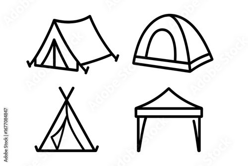 Tent line icon bundle. Outdoor camping and hiking shelter symbols. Outline vector illustration for web design, apps, and travel concepts. Includes dome, teepee, and canopy tents.