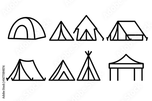 Tent line icon set for camping and outdoor adventure. Vector collection of various tents, canopy, and tipi symbols. Outline pictogram for web, apps, travel, and tourism design.