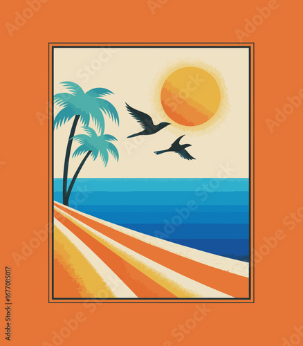 In this beautiful coastal scene, birds are soaring over a vibrant beach landscape; the image is soothing and embodies the freedom and tranquility of nature's beauty.