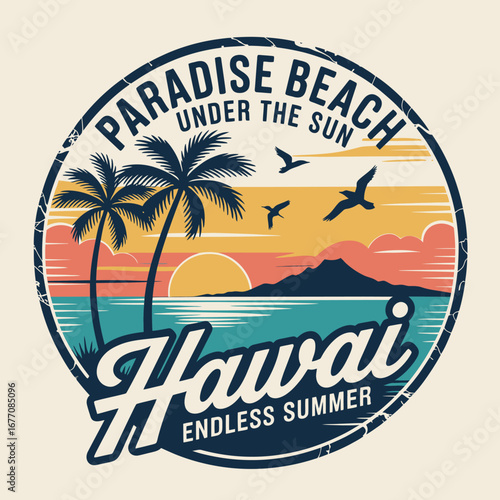 This image captures the essence of Hawaiian beaches, showcasing a breathtaking view of serene waters, majestic mountains, and palm trees under a warm sun.