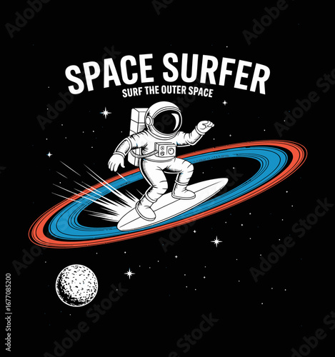 This imaginative illustration depicts a surfer astronaut riding a ringed planet, capturing the thrilling concept of surfing in outer space and adventure.