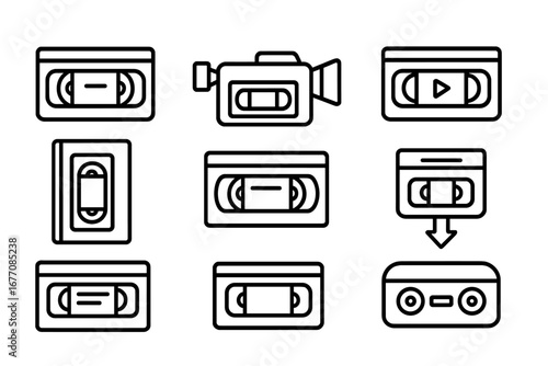 Video tape and camcorder line icon set. VHS cassette and retro movie media symbols. Videotape recorder outline graphic elements for web design, apps, and user interface.