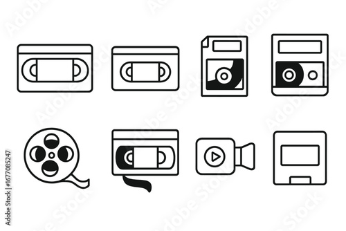 Video tape line icon set. Retro vintage media collection of VHS, audio cassette, film reel, camera, disc. Old 80s 90s movie and music technology outline signs for web, apps.