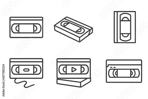 Video tape line icon set. VHS cassette collection. Retro vintage 90s media symbol. Old analog movie technology sign. Outline graphic element for web design, app, ui, ux.