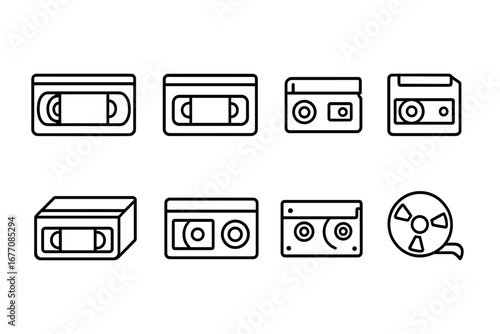 Video tape line icon set. VHS, cassette, and film reel symbols. Retro media technology concept for web and graphic design. Vintage 80s 90s audio and video nostalgia vector pack.