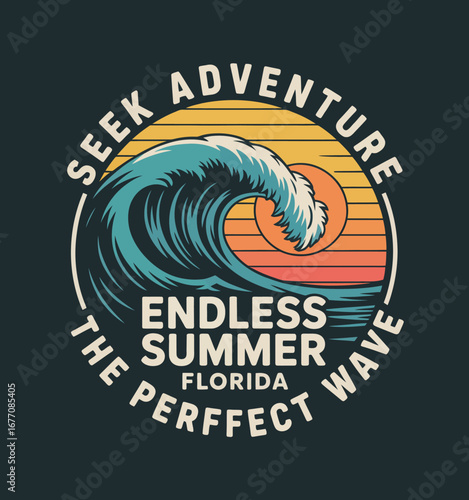 This creative image captures a wave cresting at dusk, surrounded by a colorful background, embodying the thrill of surfing and the beauty of nature.
