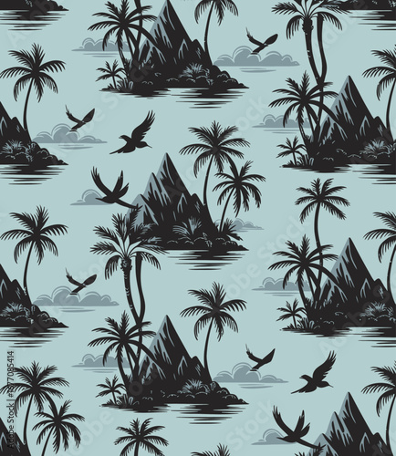 A captivating tropical island landscape filled with palm trees and mountainous formations, designed to evoke relaxation and the beauty of nature in a serene paradise setting.