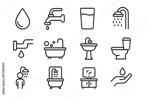 Water and bathroom line icon set. Hygiene, plumbing, and sanitation symbols. Faucet, shower, toilet, sink, and bathtub outline pictograms. Editable stroke vector for UI/UX.