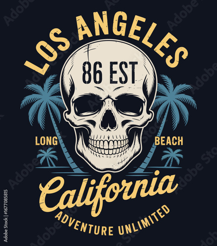 This captivating image showcases a skull graphic integrated with palm trees, a nod to the adventurous lifestyle in the sunny vibe of Los Angeles, California.