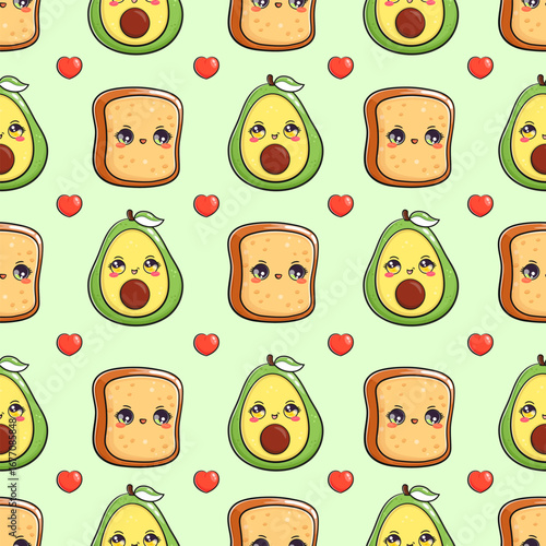 Charming kawaii avocado and toast pattern with red hearts on a light green background.