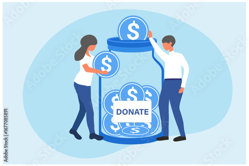 Donation and charity concept. Donating finance, money to voluntary nonprofit fund, help, support, contribution vector illustration