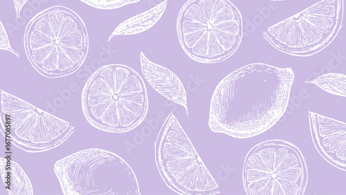 White pattern on purple background, food wallpaper. Vintage drawing cut lemon sketch pattern. 