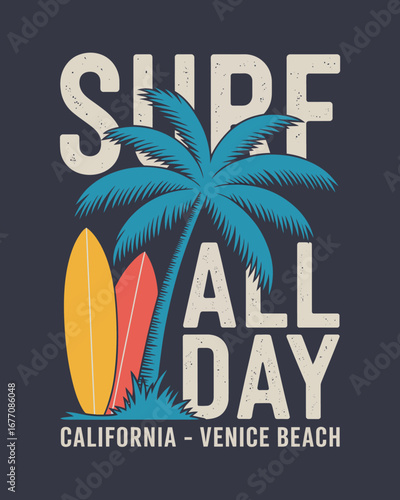 This vibrant illustration depicts a thrilling surfing scene at Venice Beach, showcasing palm trees and colorful surfboards that embody the carefree beach lifestyle.
