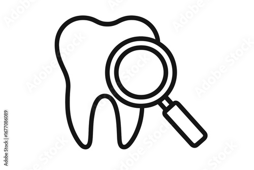 Dental check up, oral health examination, tooth inspection concept. Magnifying glass over tooth vector line icon. Dentistry, stomatology, find caries, dental research.