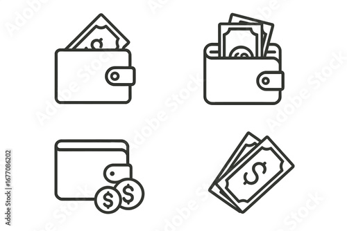 Wallet and Money Icons Collection. Editable Stroke Vector Set. Perfect for Infographics, Articles, Books, Flyers, Banners. Minimalist Cartoon Style Financial Illustrations with Transparent Background.