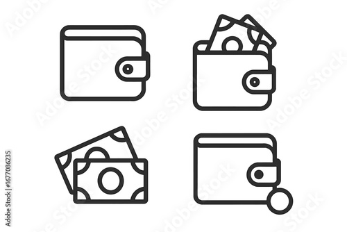 Wallet and Money Line Icon Collection. Editable Stroke Vector Set Perfect for Infographics, Articles, Books, Flyers, Banners. Cartoon Style Cash and Finance Symbols Illustration.