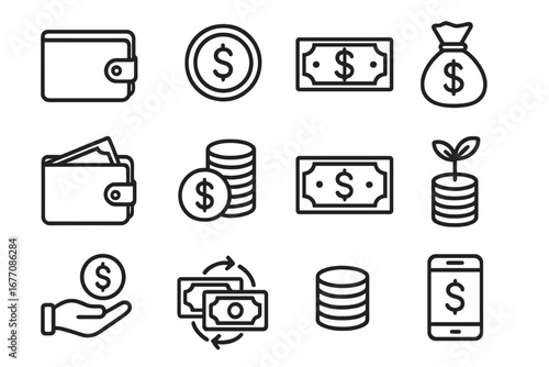 Wallet and Money Icons Set. Simple Editable Stroke Vector Collection for Finance Infographics, Articles, Books, Flyers, Banners. Cartoon Style Currency Symbols and Coins Illustration
