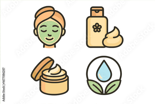 Skincare routine icon set for beauty and cosmetics. Vector illustration of face mask, cream jar, lotion bottle, and natural hydrating ingredient symbol for spa and dermatology.