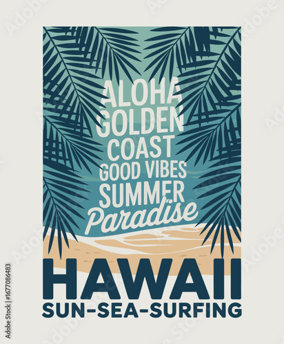 Capturing the essence of a Hawaiian paradise, this design conveys summer vibes with palm fronds and the warm, inviting atmosphere of sun, sea, and surfing.