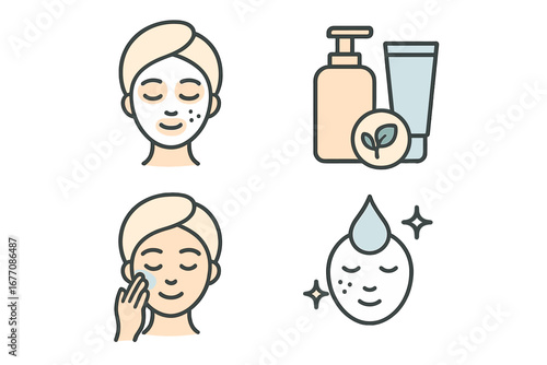 Skincare routine thin line icon set. Woman facial beauty treatment. Cosmetology and dermatology concept. Face mask, cream, cleanser for acne. Spa procedure vector icons.
